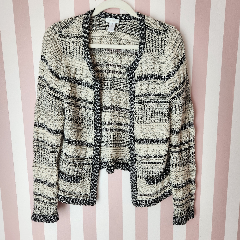 🏷Chico's Textured Black and Cream Knit Cardigan